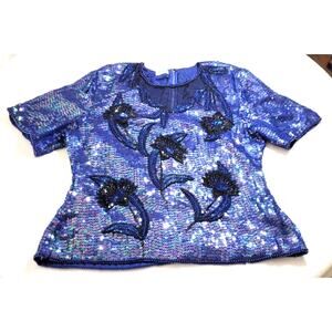 Vintage 80s Stenay Sequins Beaded Top Sz L Blue Short Sleeve Dressy Lined Fitted